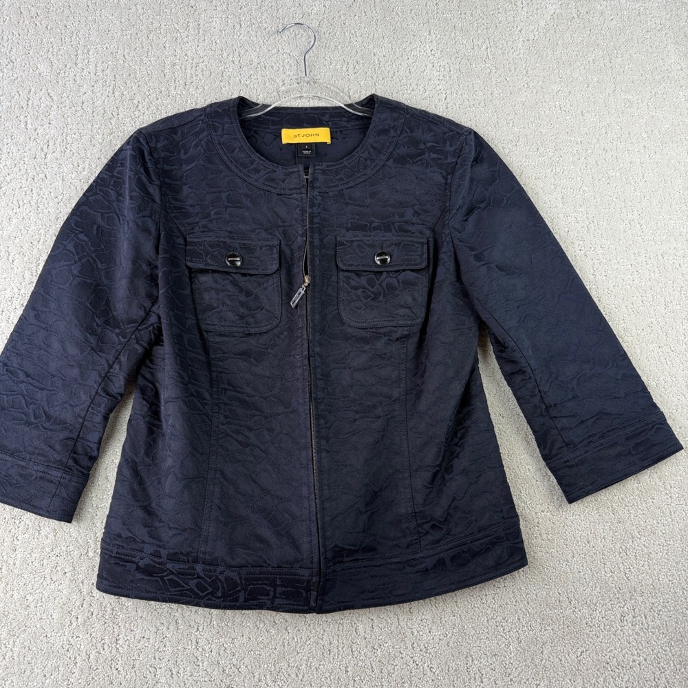 St. John Jacquard Zip Front Jacket Womens 8 Black 3/4 Sleeve Textured